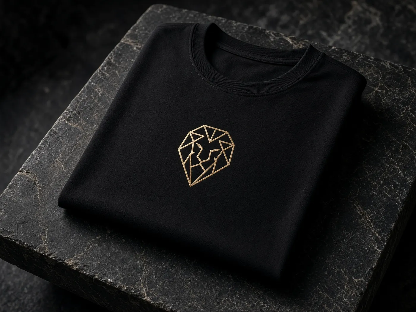 Black luxury t-shirt with a gold geometric lion glyph