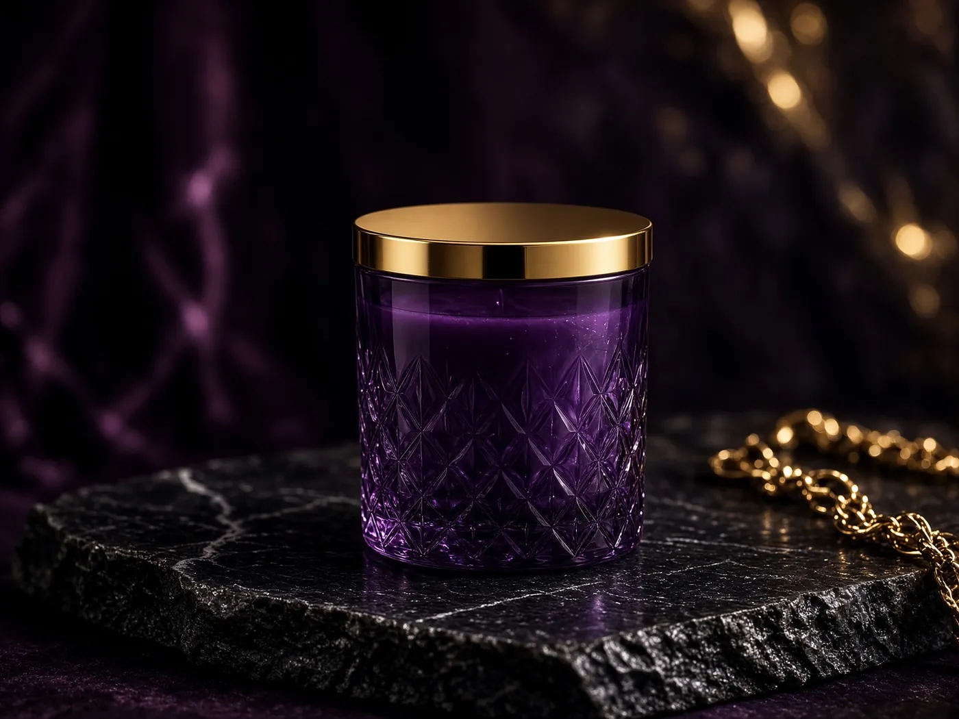 Amethyst glass candle with gold lid